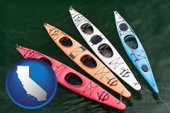 california map icon and four colorful fiberglass kayaks
