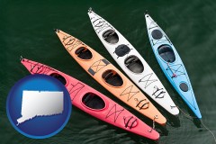 connecticut map icon and four colorful fiberglass kayaks