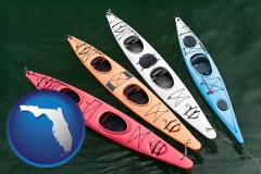 florida map icon and four colorful fiberglass kayaks