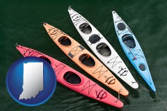 indiana map icon and four colorful fiberglass kayaks