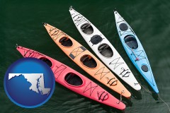 maryland map icon and four colorful fiberglass kayaks
