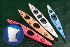 minnesota map icon and four colorful fiberglass kayaks
