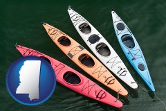 mississippi map icon and four colorful fiberglass kayaks