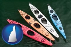 new-hampshire map icon and four colorful fiberglass kayaks