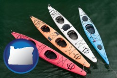 oregon map icon and four colorful fiberglass kayaks