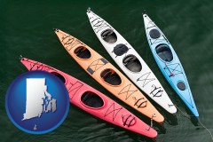 rhode-island map icon and four colorful fiberglass kayaks
