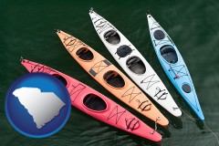 south-carolina map icon and four colorful fiberglass kayaks