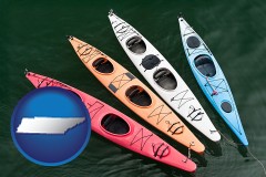 tennessee map icon and four colorful fiberglass kayaks