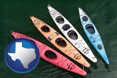texas map icon and four colorful fiberglass kayaks