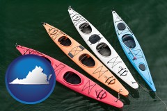 virginia map icon and four colorful fiberglass kayaks