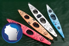wisconsin map icon and four colorful fiberglass kayaks