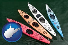 west-virginia map icon and four colorful fiberglass kayaks