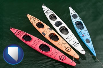 four colorful fiberglass kayaks - with Nevada icon