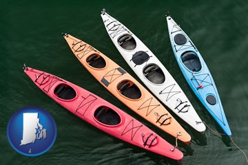 four colorful fiberglass kayaks - with Rhode Island icon