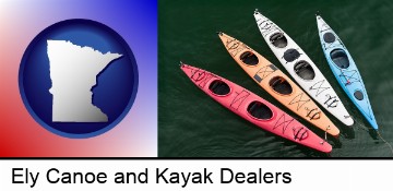 four colorful fiberglass kayaks in Ely, MN