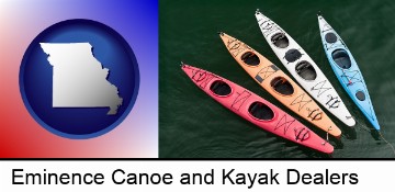 four colorful fiberglass kayaks in Eminence, MO