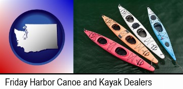 four colorful fiberglass kayaks in Friday Harbor, WA